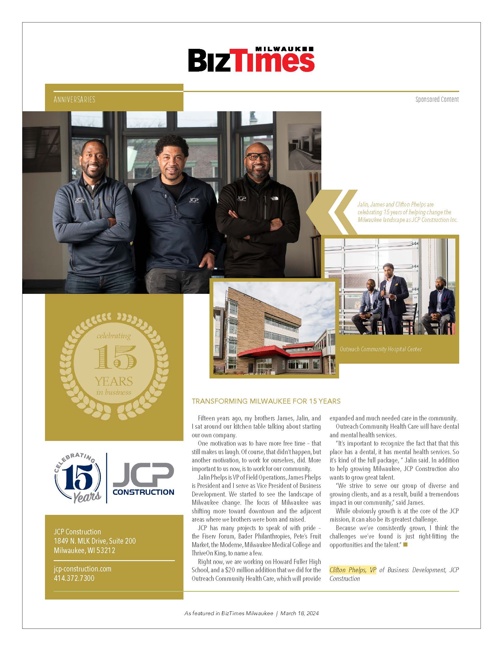 BizTimes article on JCP's 15th anniversary